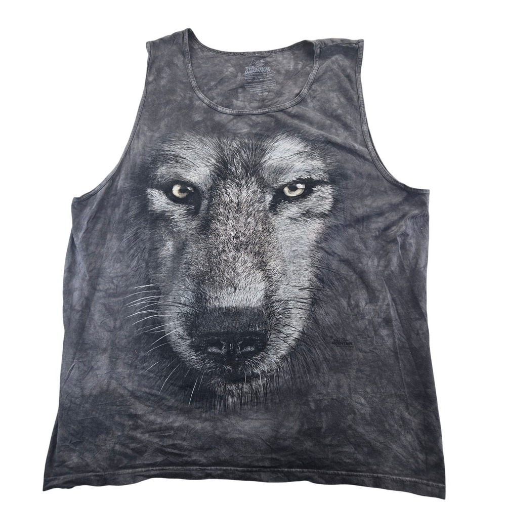 The Mountain Tank Top Mens XL Grey Wolf Face Acid Wash Graphic Sleeveless Shirt